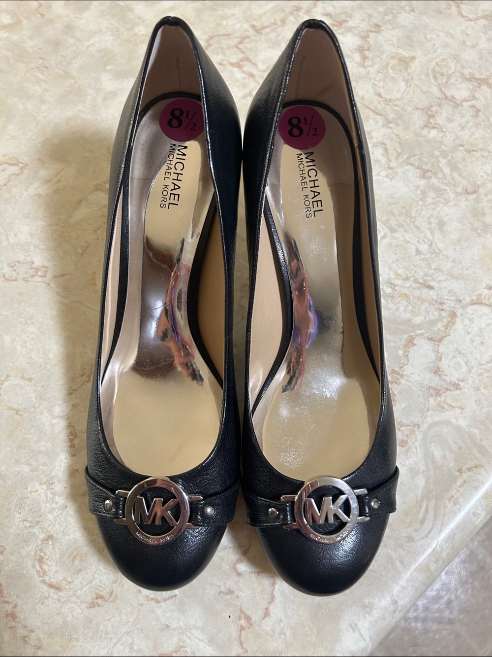 MICHAEL Michael Kors Black Leather Heels with Silver MK Logo